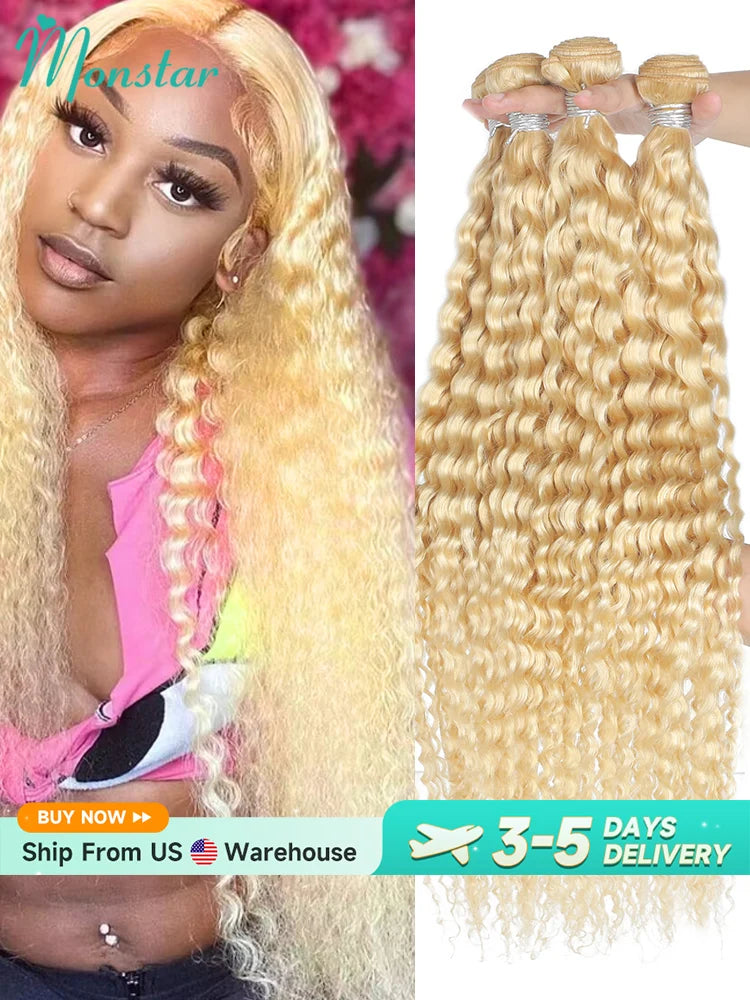 Deep Wave Malaysian Curly Human Hair Weave Bundle 613 Blonde
