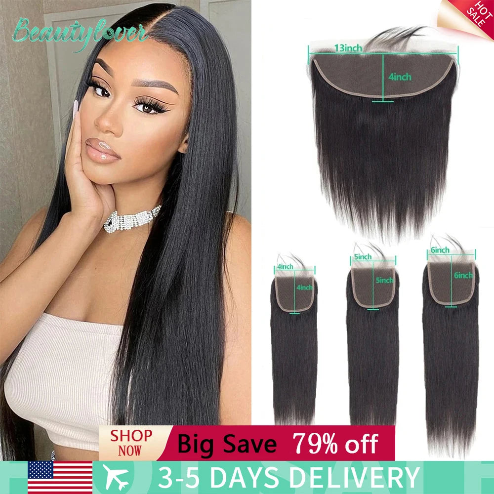 Brazilian Straight Human Hair Transparent Lace Frontal or Closure