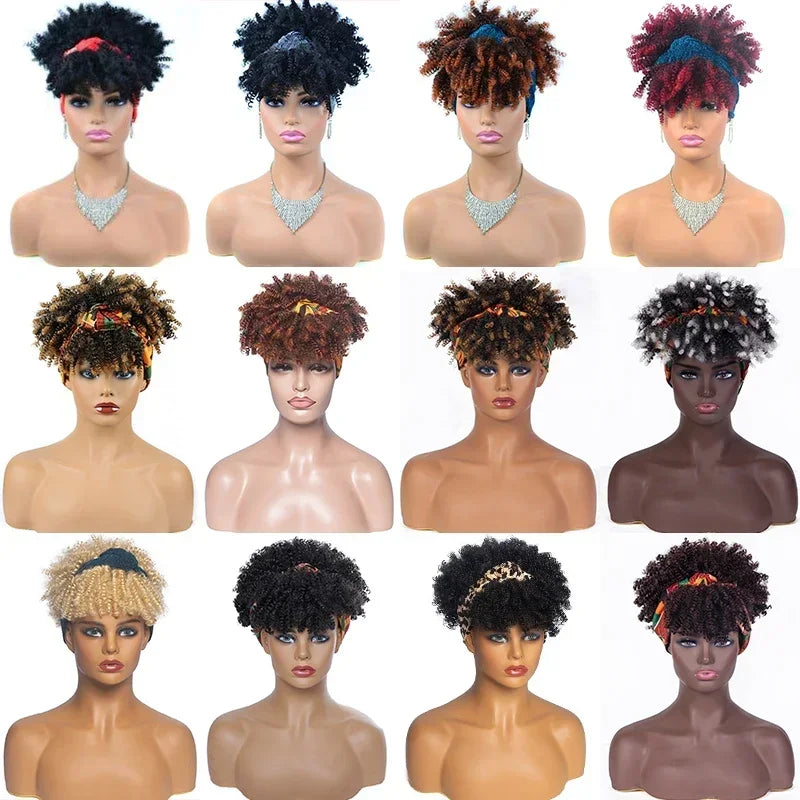 Synthetic Short Kinky Curly Headband Wigs - Various Colors Available