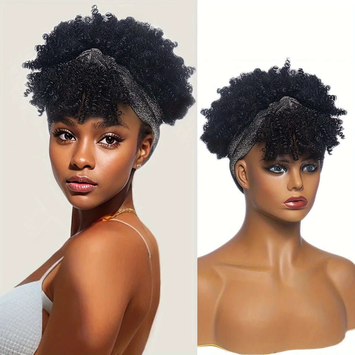 Short Kinky Curly Headband Synthetic Wigs With Bangs - Various Headband and Hair Colors Available