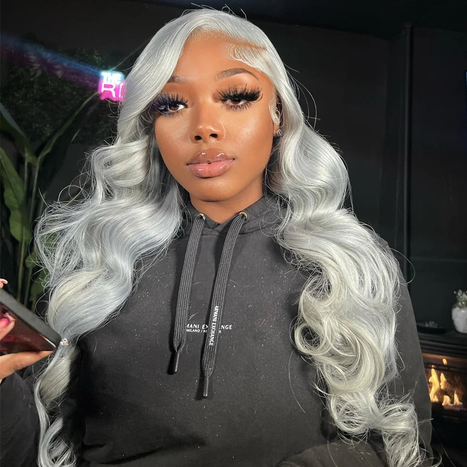 Silver Grey Brazilian Bone Straight or Body Wave - Pre Plucked Lace Front Human Hair Wig