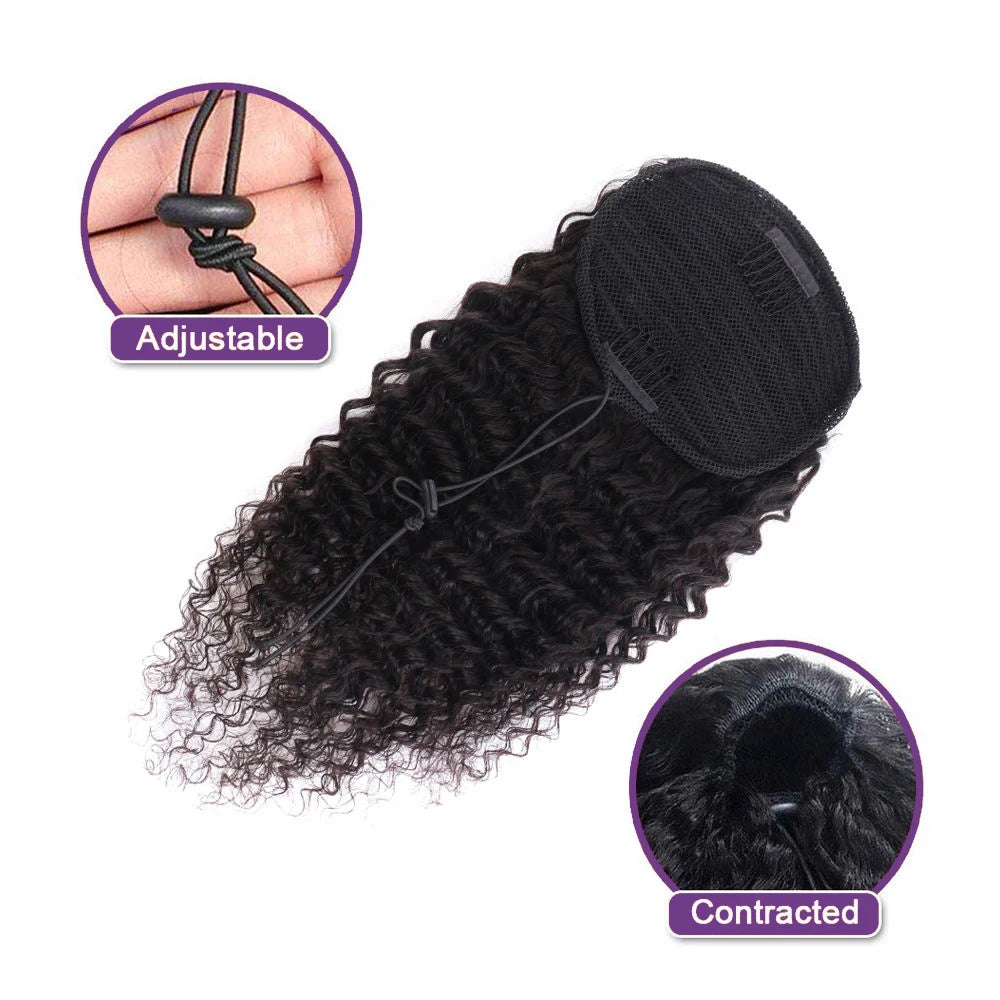 Deep Wave Curly Drawstring Brazilian Human Hair Clip In Ponytail