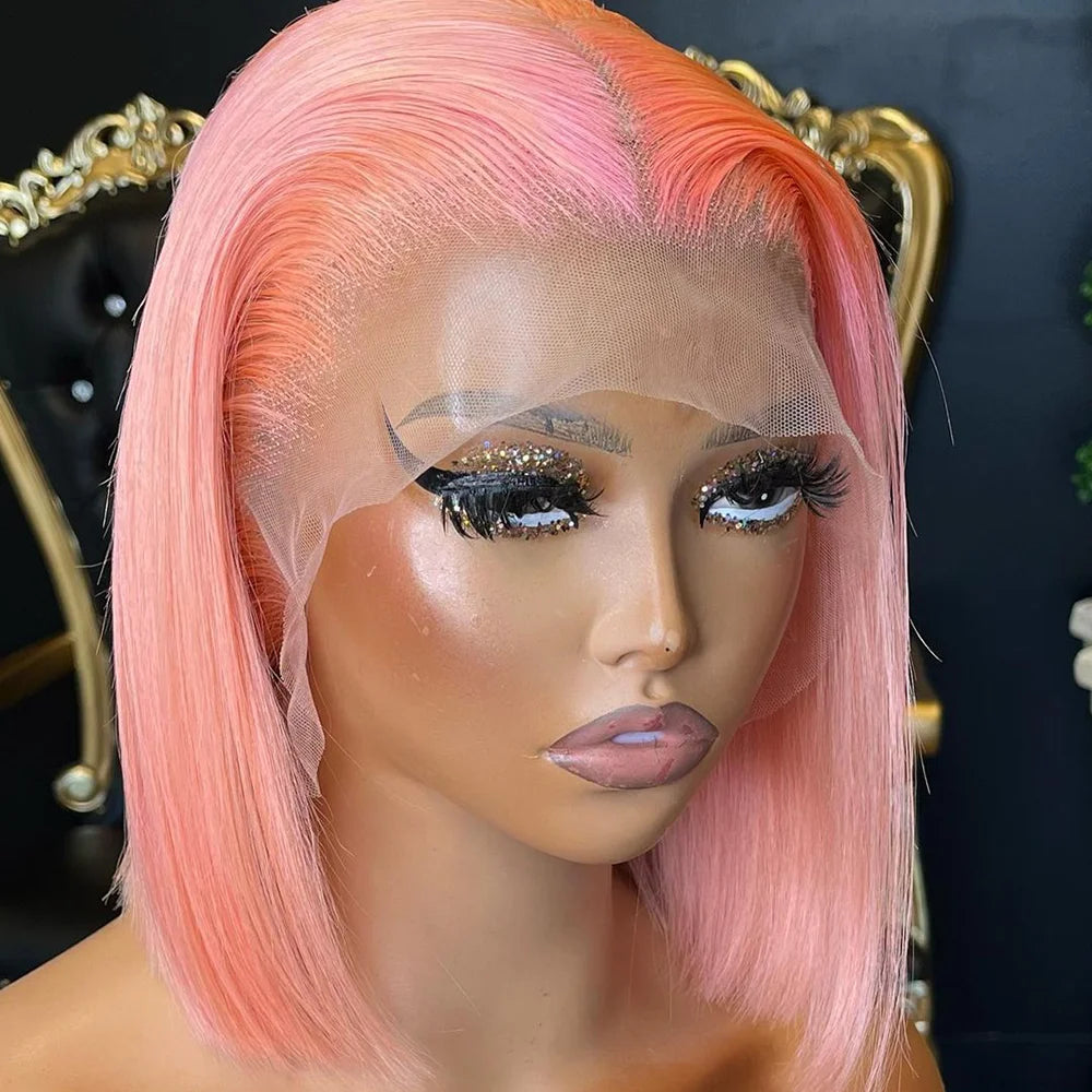 Rose Pink Short Straight Bob Pre Plucked HD Transparent Lace Front Human Hair Wig