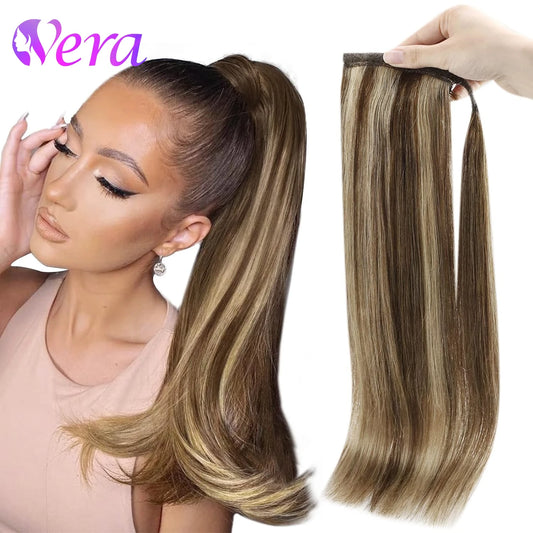 Straight Wrap Around Clip In Human Hair Ponytail, Ombre Highlight #4/27 Colors
