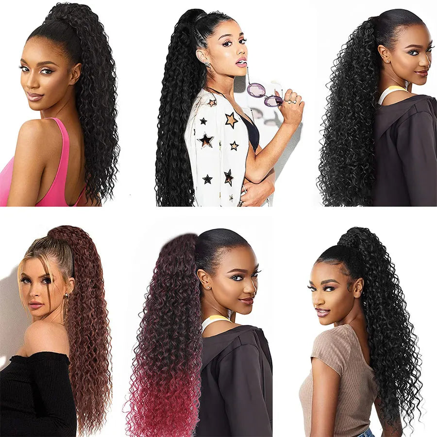 Long Synthetic Deep Wave Wrap Drawstring Ponytails - Various Options Available
