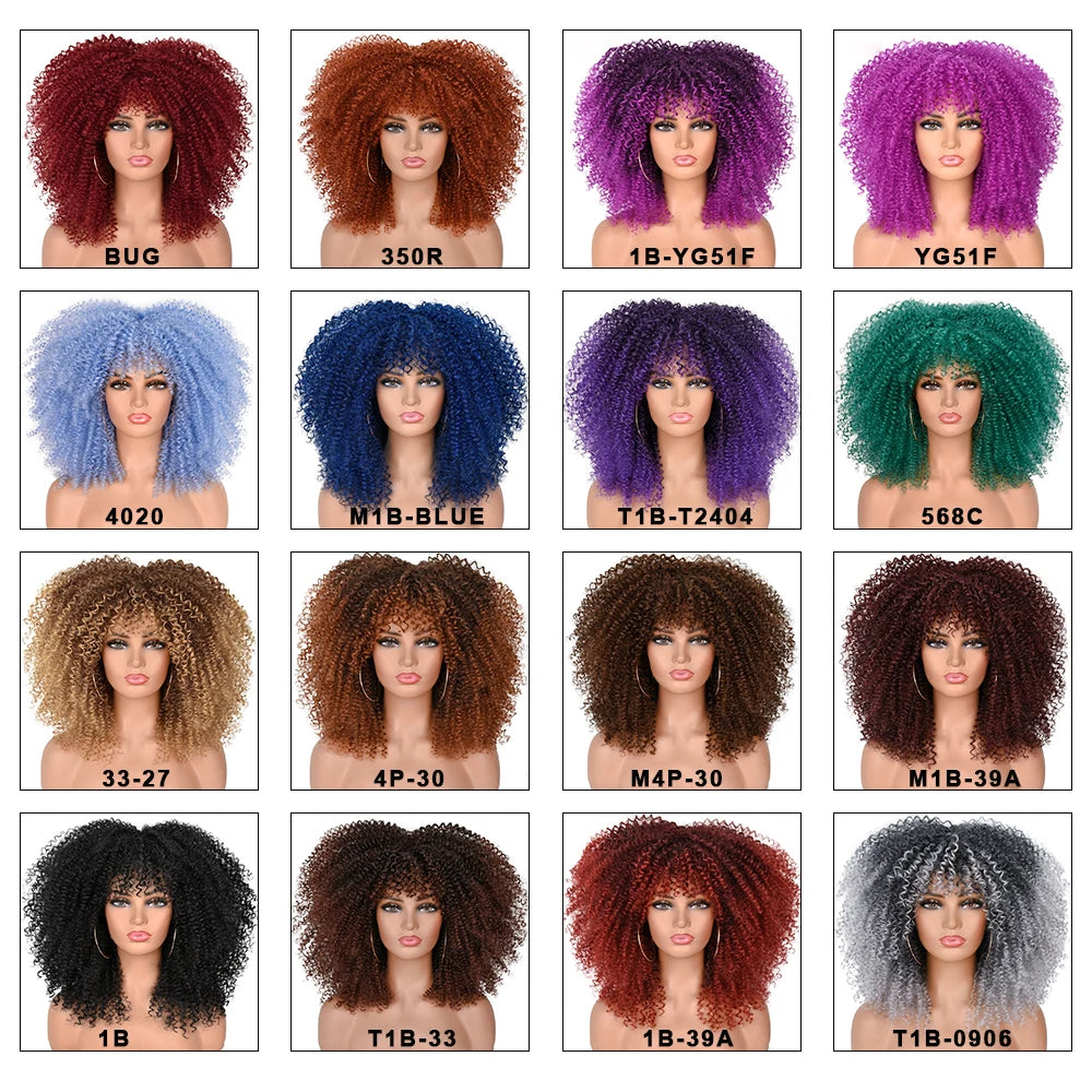 Synthetic Kinky Curly Wigs With Bangs - Various Colors Available