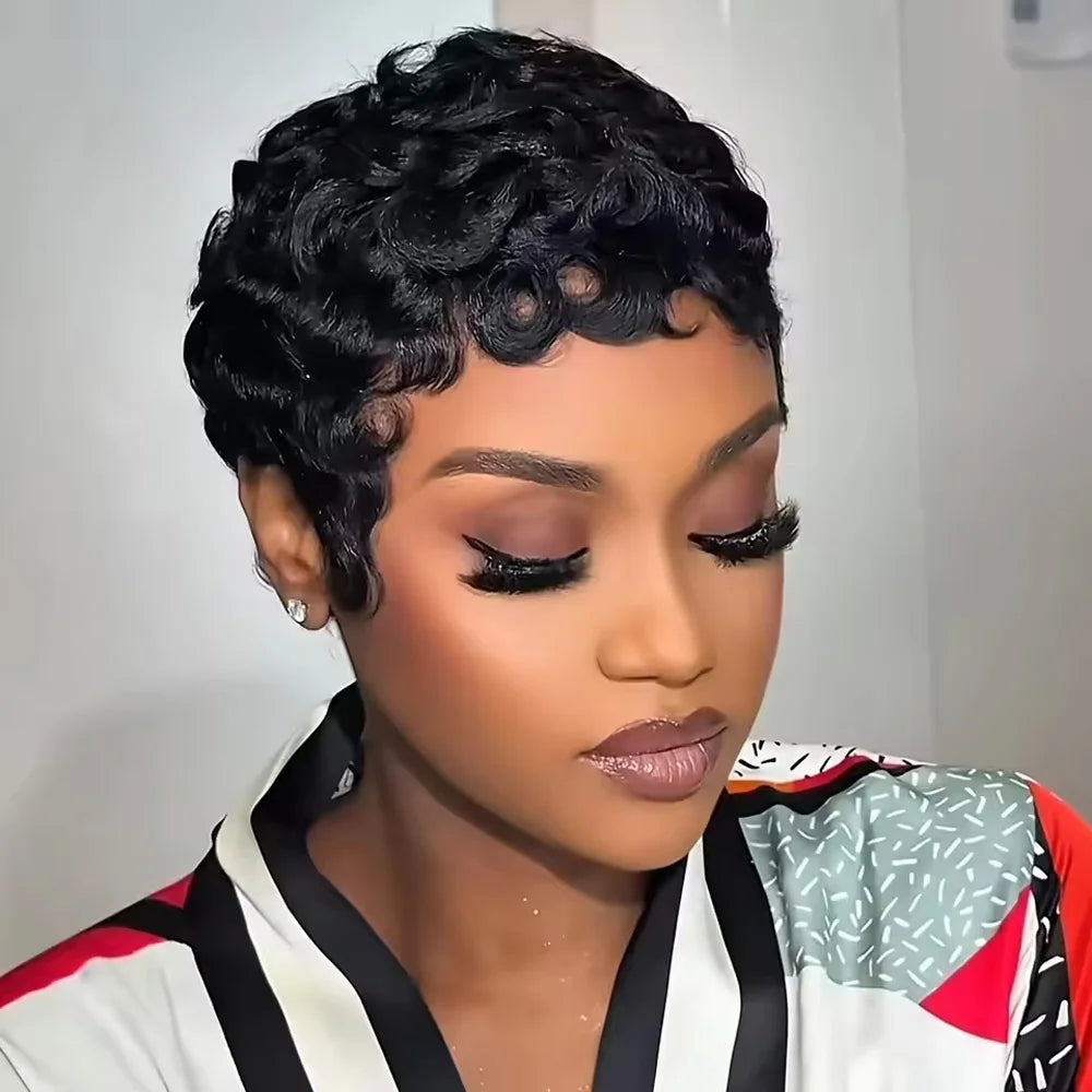 Women's Human Hair Pixie Cut Wig - Short Pin Curls