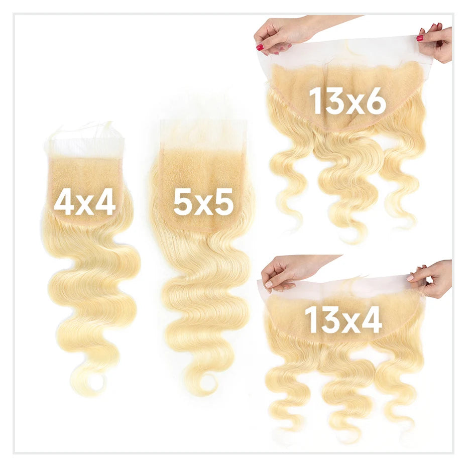 613 Blonde Body Wave HD Lace Frontal or Closure PrePlucked Brazilian Remy Human Hair - Various Options Available