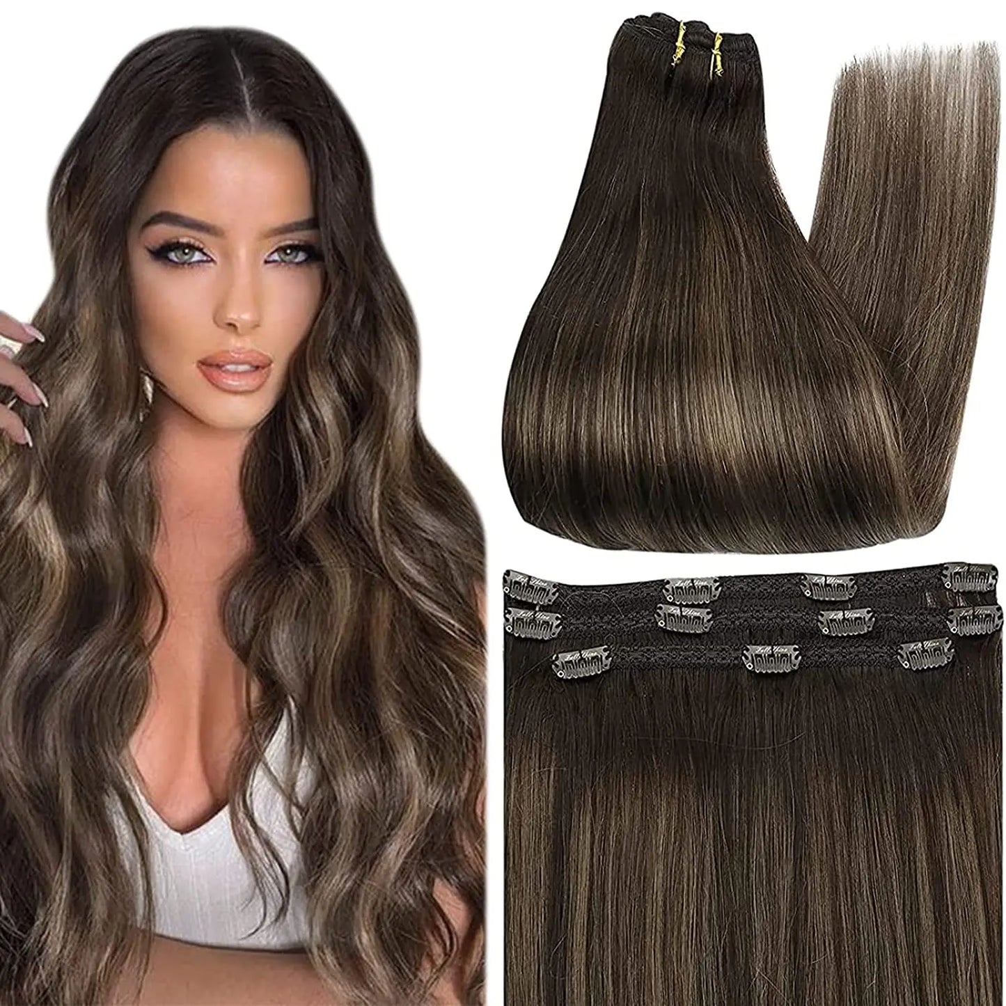 Full Shine Straight Human Hair 3pc Clip in Hair Extensions  - Various Colors Available