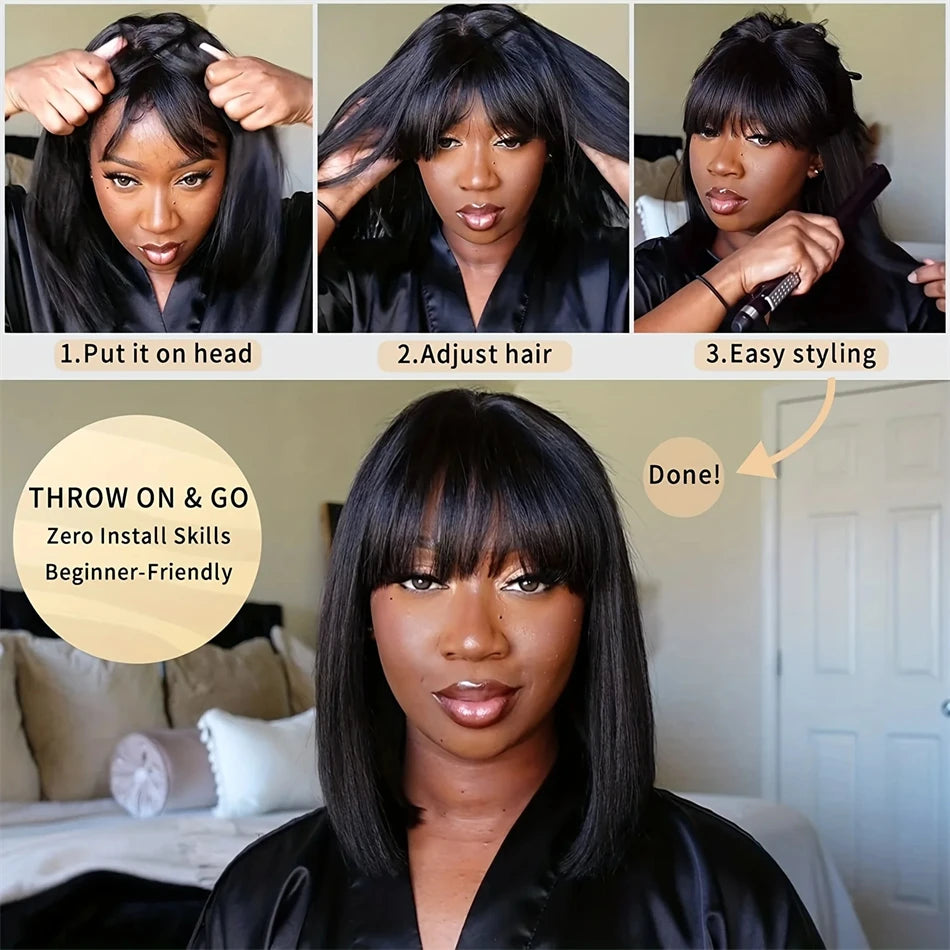 Brazilian Bone Straight - Middle Part Lace Human Hair Wig With Bangs