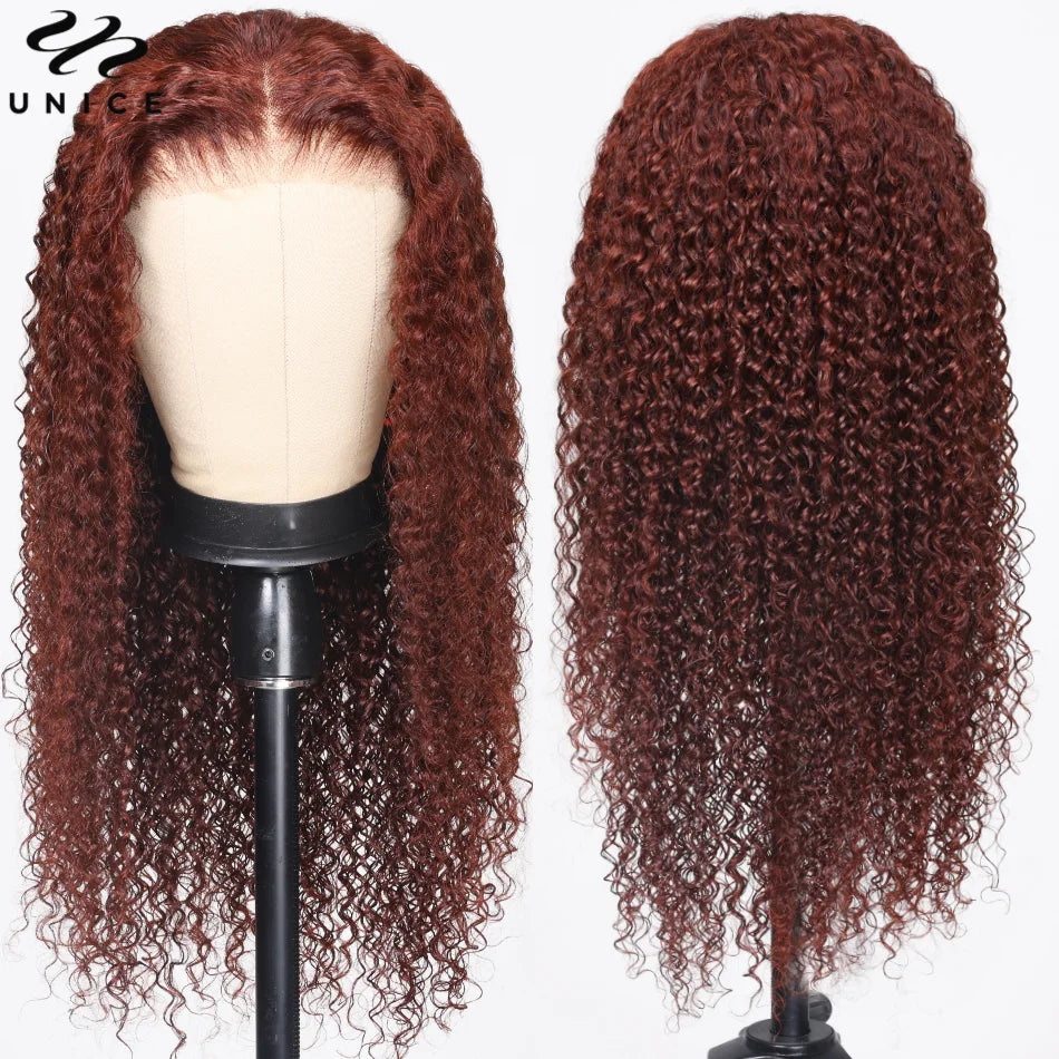 Bye-Bye Knots Reddish Brown Curly Human Hair - Glueless Pre Cut Pre Bleached Lace Front Wig