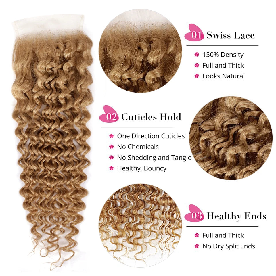 #27 Honey Blonde Deep Wave Human Hair Transparent Lace Closure or Frontal