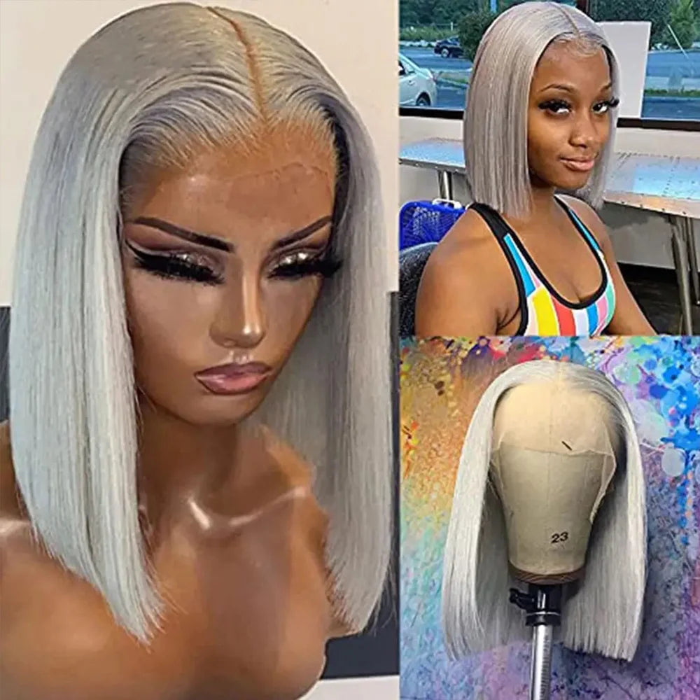 Rose Pink Short Straight Bob Pre Plucked HD Transparent Lace Front Human Hair Wig