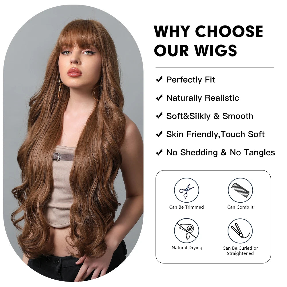 Long Wavy Synthetic Hair Wigs with Bangs - Various Colors Available