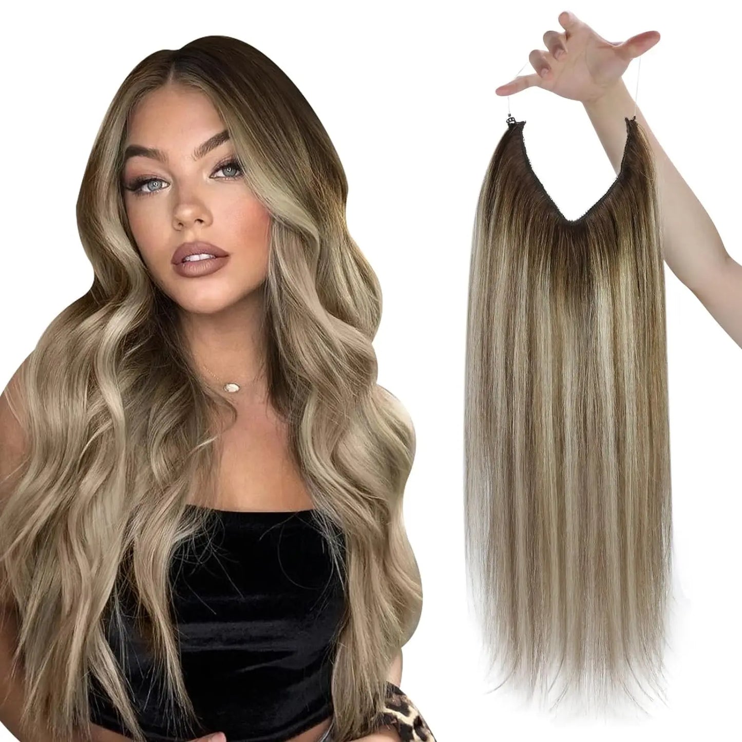 Fish Line Human Hair Extension - One Piece Invisible Wire Hair Weft with 2 Clips