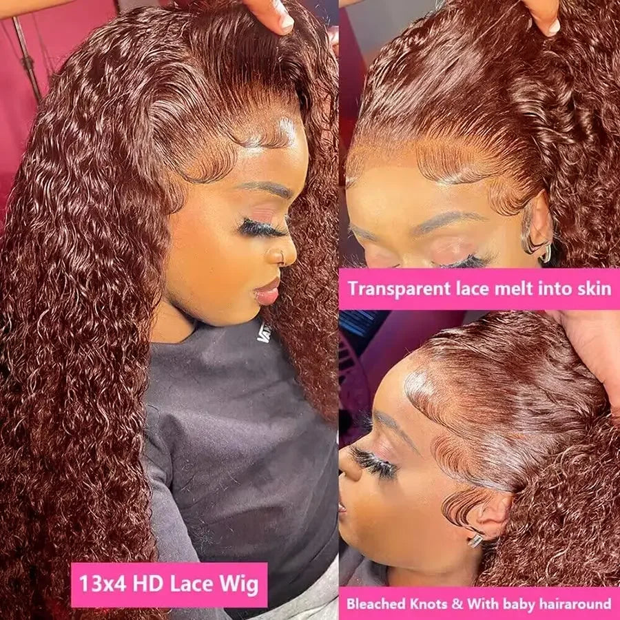 Reddish Brown Deep Curly Wave - HD Lace Frontal Human Hair Wig
