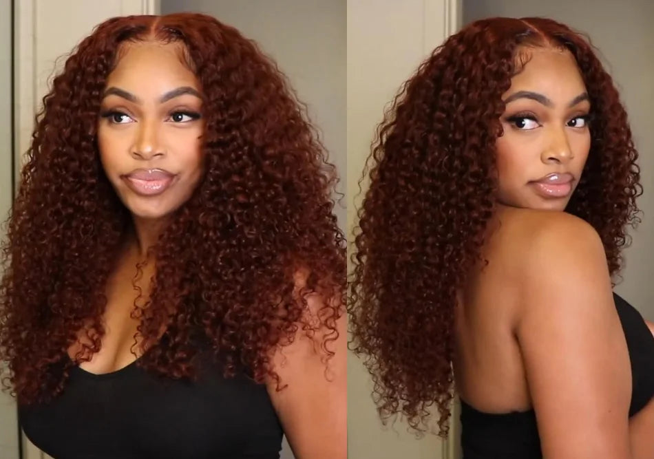 Bye-Bye Knots Reddish Brown Curly Human Hair - Glueless Pre Cut Pre Bleached Lace Front Wig