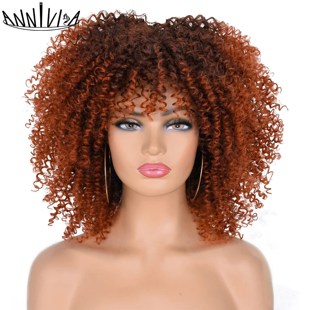 Short Kinky Curly With Bangs Synthetic Wigs - Various Colors Available