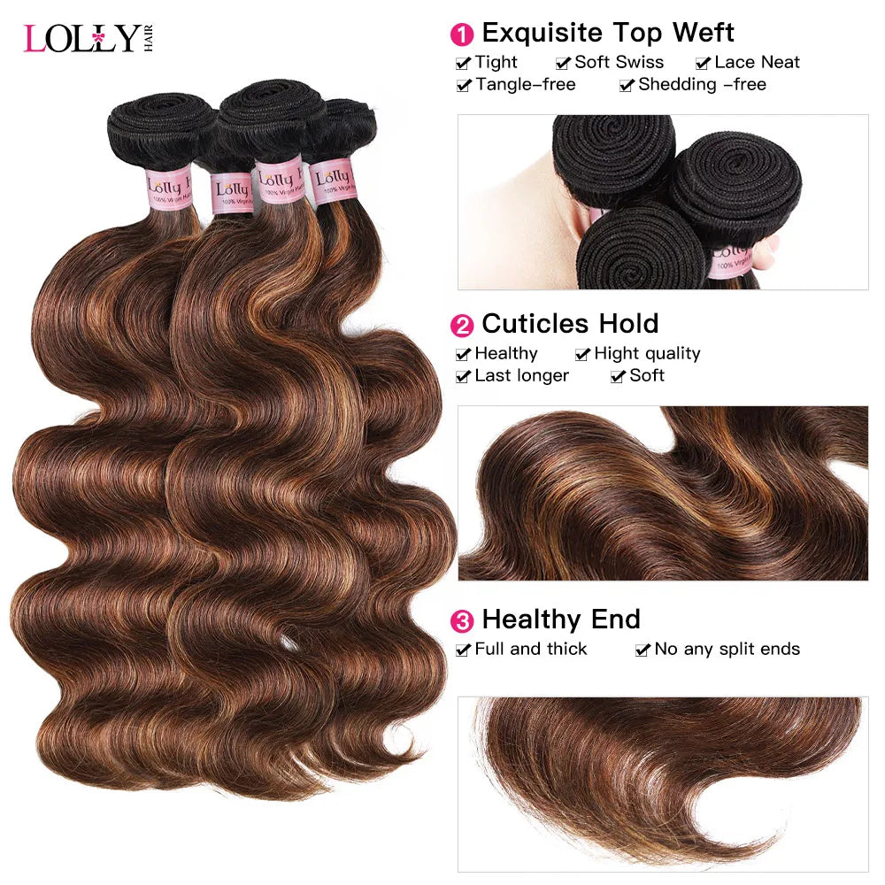 FB 30 Brown Highlight Body Wave With 3 Bundles Lace Closure