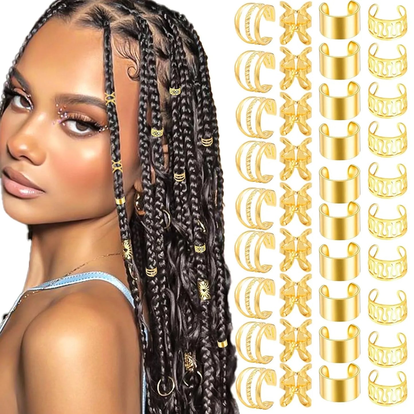 40PCS Gold and Silver Hair Cuffs Multi Style Rings Adjustable Hair Beads