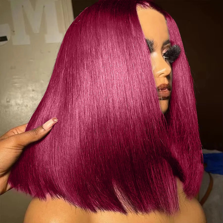99J Burgundy 13x4 Straight Bob Pre Plucked Pre Cut Transparent Lace Human Hair Glueless Wig