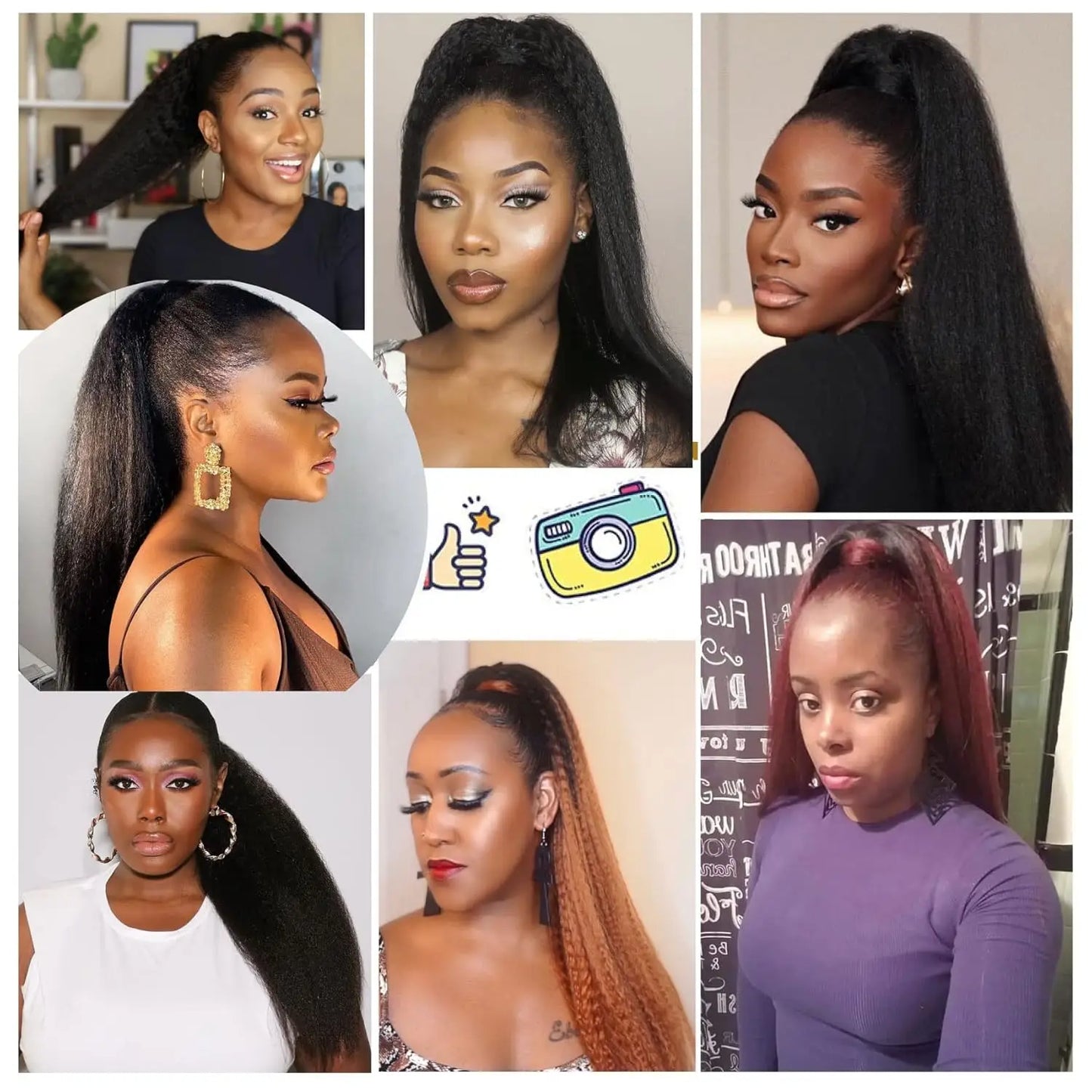 Yaki Straight 100% Human Hair Wrap Around Drawstring Ponytail Natural Black 1B