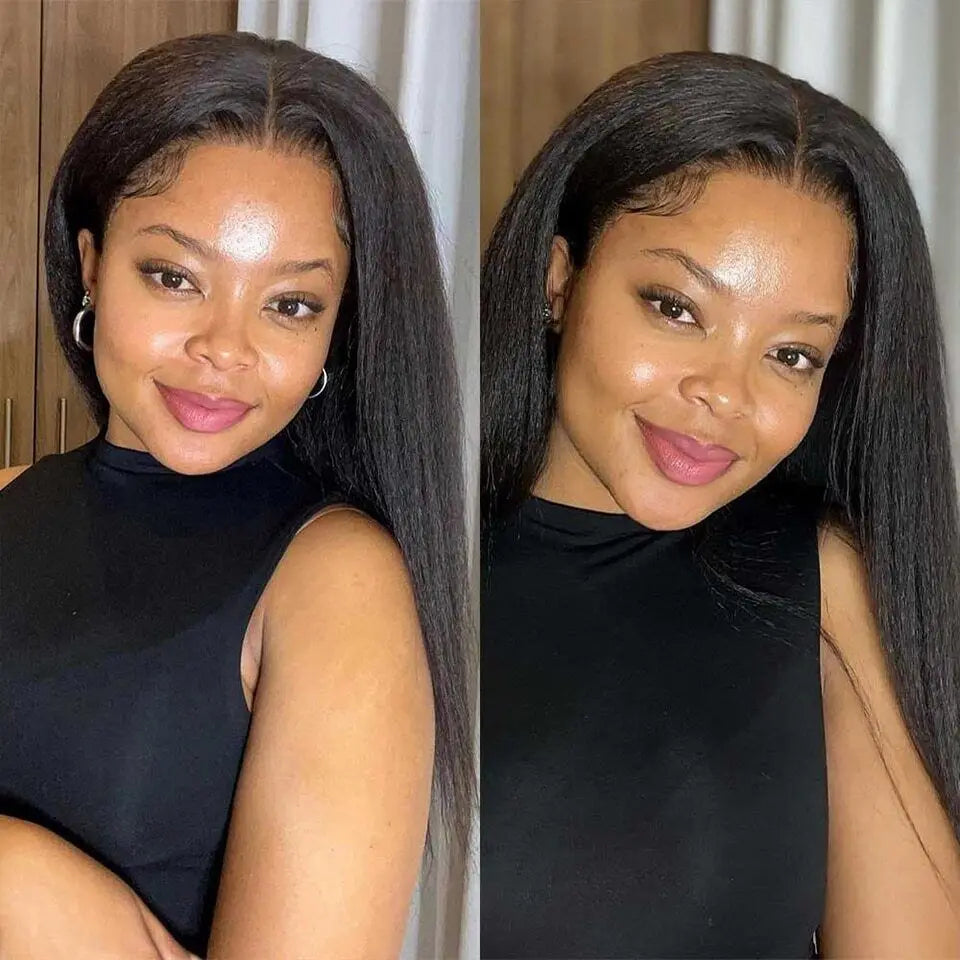 Kinky Straight - Human Hair Pre Plucked Transparent Bleached Frontal Wig