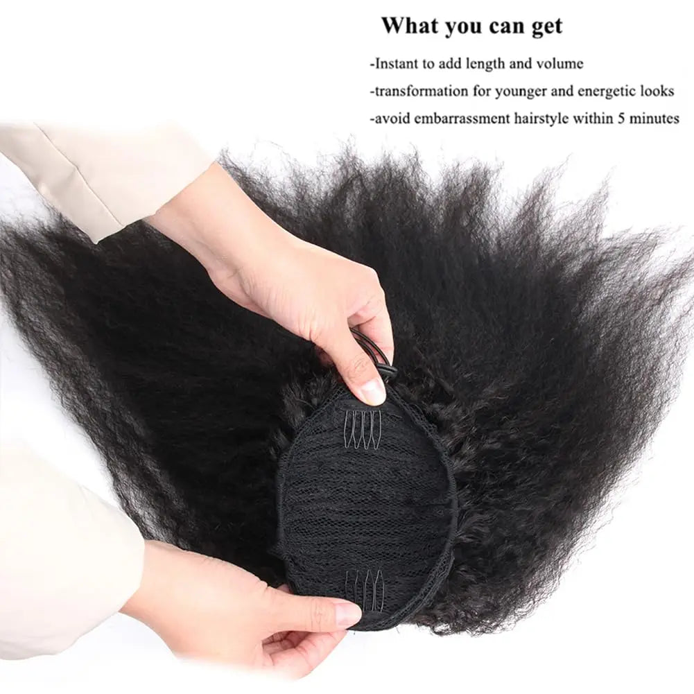 Yaki Straight 100% Human Hair Drawstring Ponytail Natural Black #1B