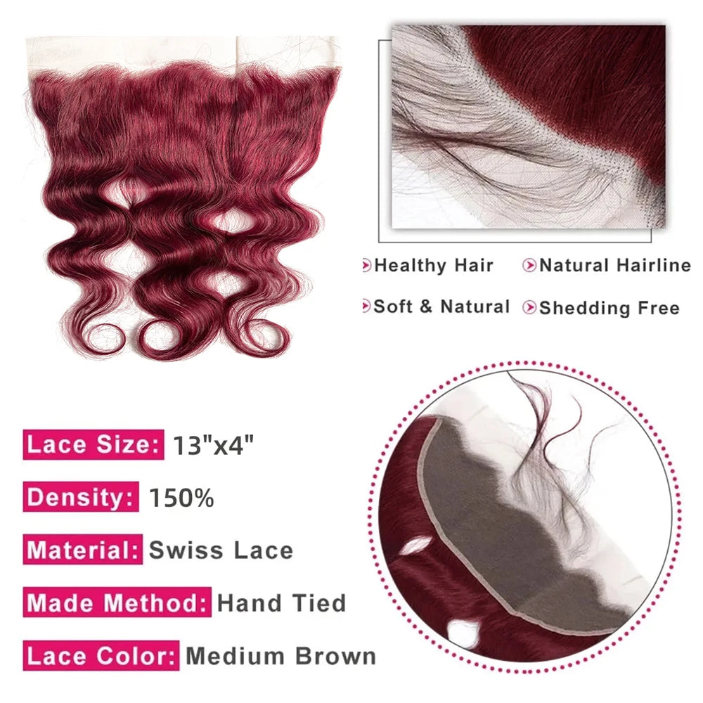 Burgundy Body Wave Bundles With Frontal 13x4 Lace 100% Human Hair Bundles With Closure