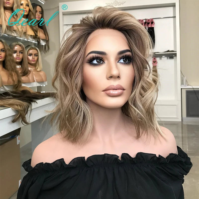 Wavy Bob Ash Brown/Honey Blonde Highlights Lace Frontal Human Hair Wig