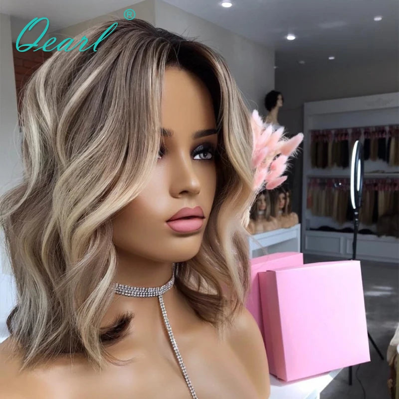Wavy Bob Ash Brown/Honey Blonde Highlights Lace Frontal Human Hair Wig