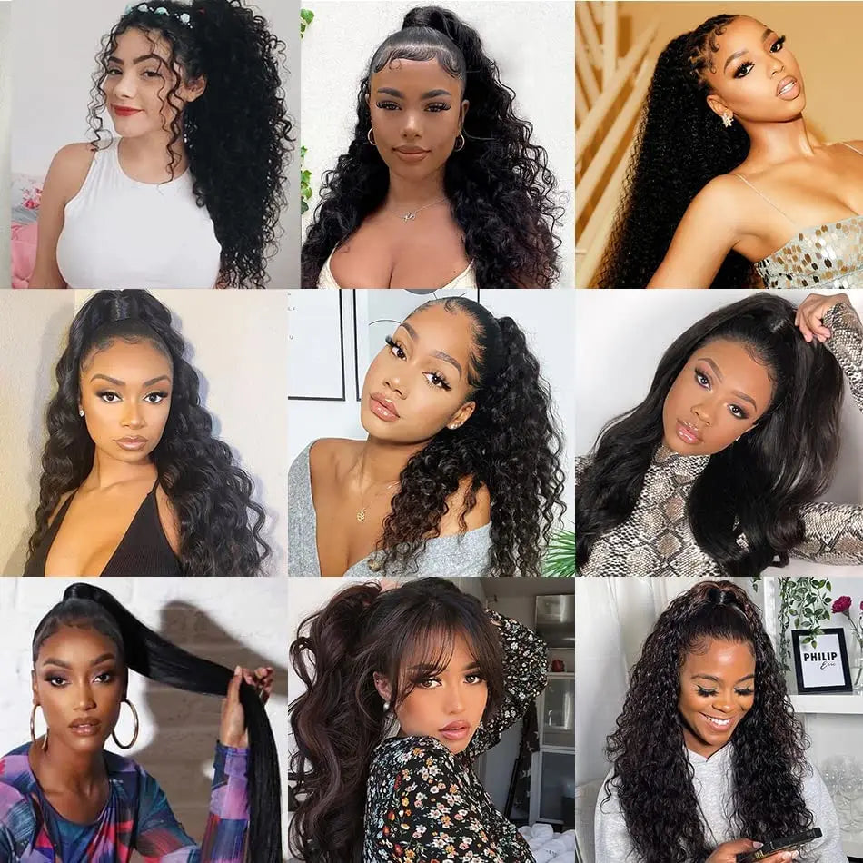 Human Hair Wrap Around Ponytail 10-32 Inches; Available in Straight, Body Wave, Water Wave & Kinky Curly (Natural Color)