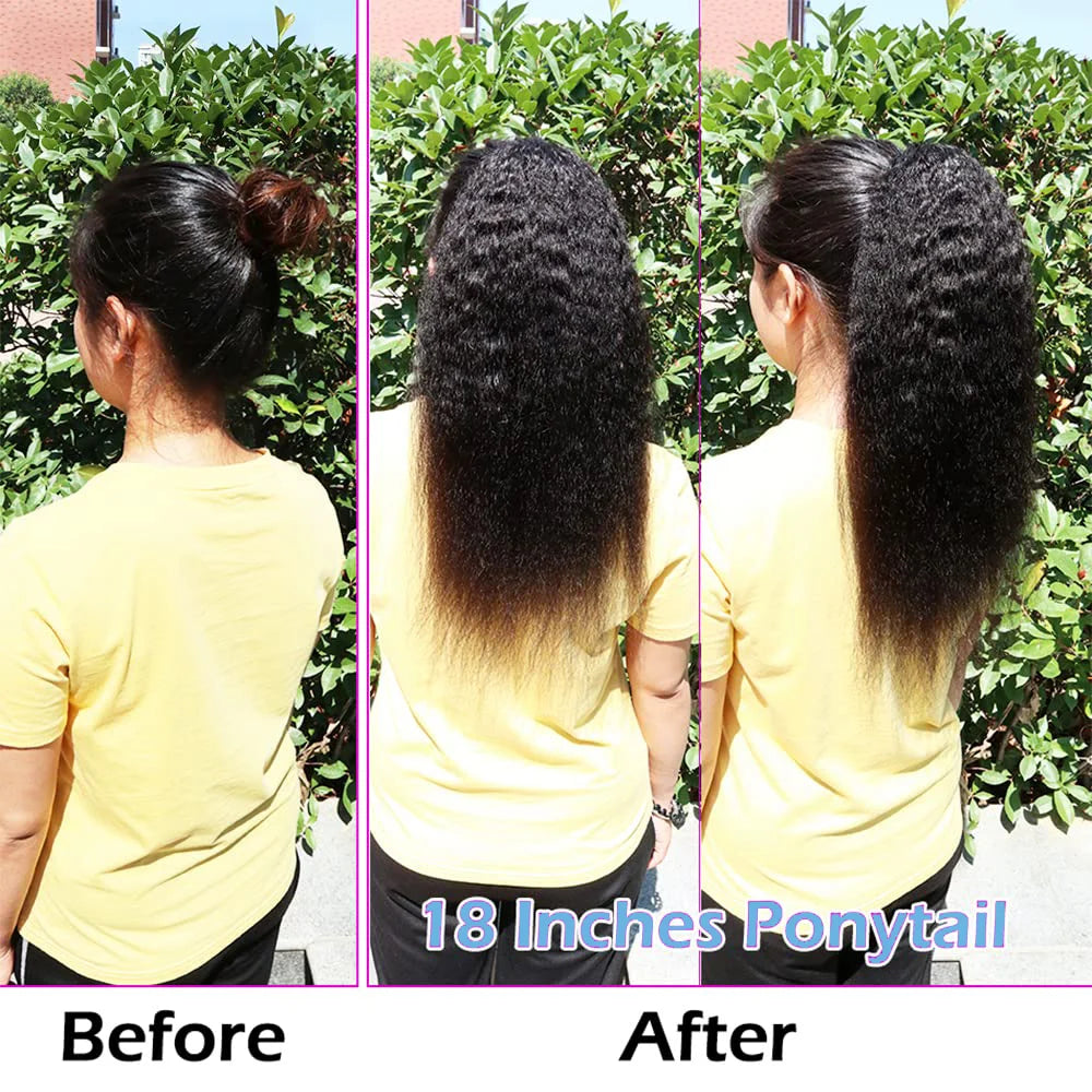 Yaki Straight 100% Human Hair Wrap Around Drawstring Ponytail Natural Black 1B