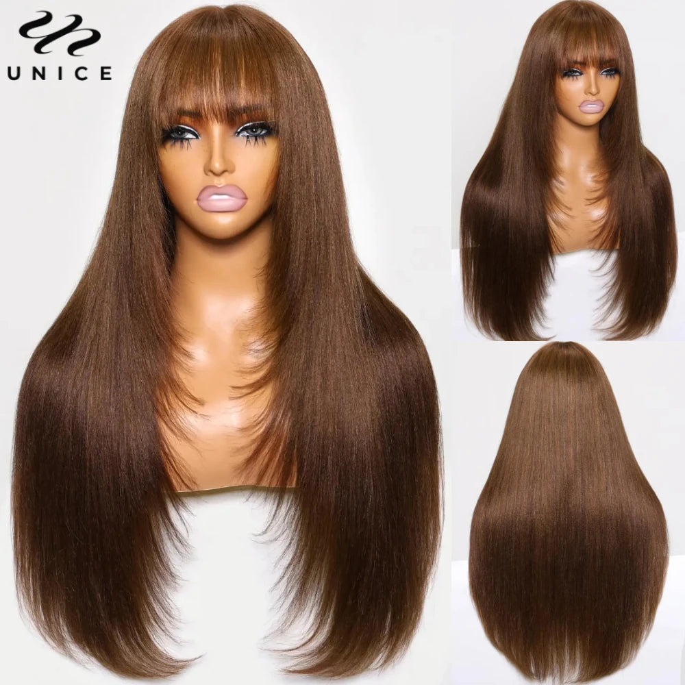 Yaki Straight With Bangs Layered Cut - Lace Front Human Hair Glueless Ready To Wear Wig