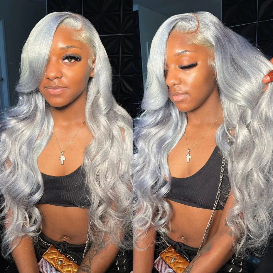 Silver Grey Brazilian Bone Straight or Body Wave - Pre Plucked Lace Front Human Hair Wig