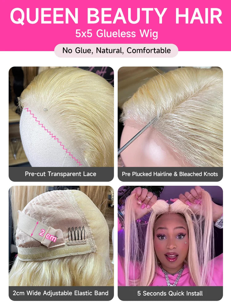Remy Straight Blonde - Glueless Pre Plucked Lace Human Hair Ready to Go Wig