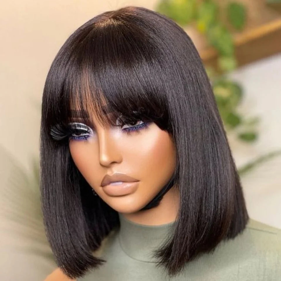 Short Straight Bob Lace Front Glueless Human Hair Wig With Bangs - Various Colors