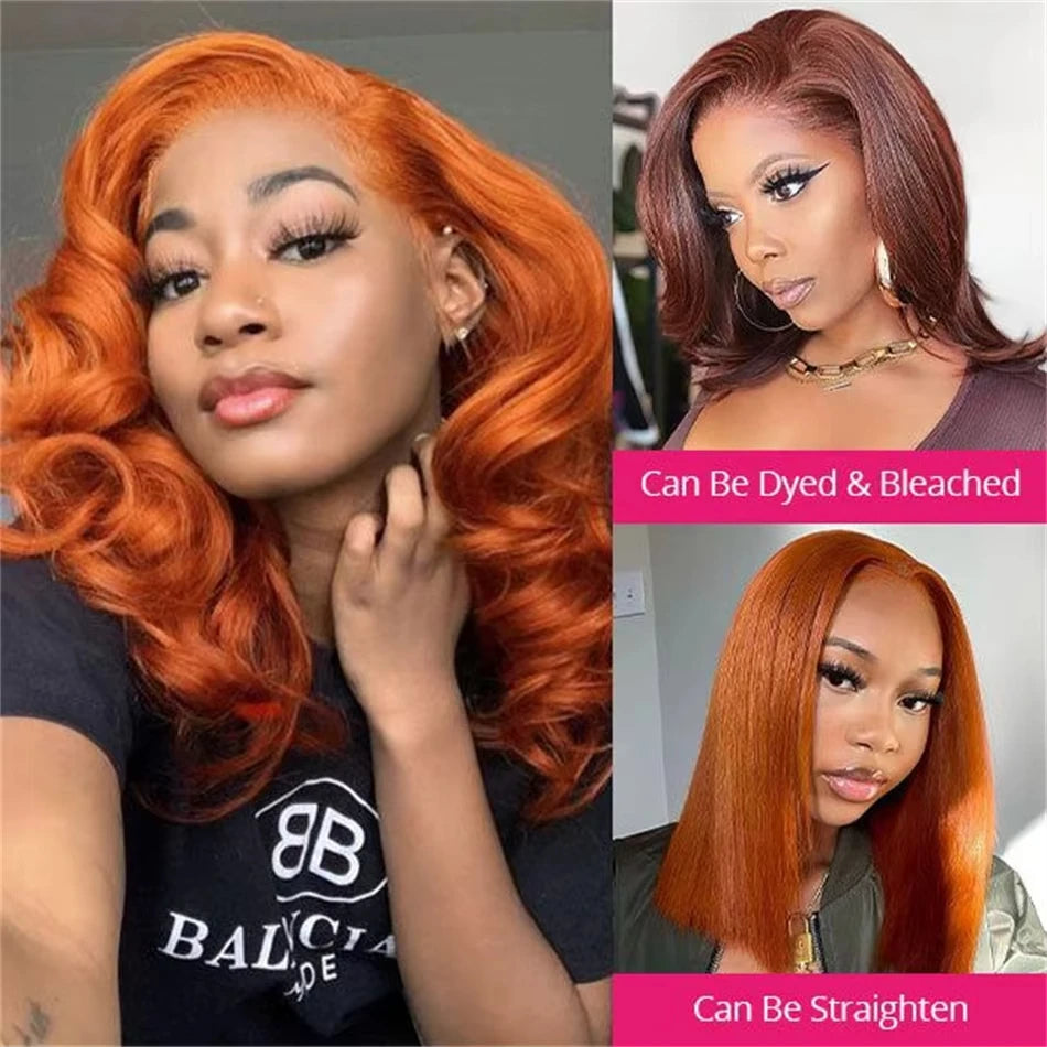 Short Bob Body Wave Ginger Orange - Human Hair, HDLace Glueless Wig