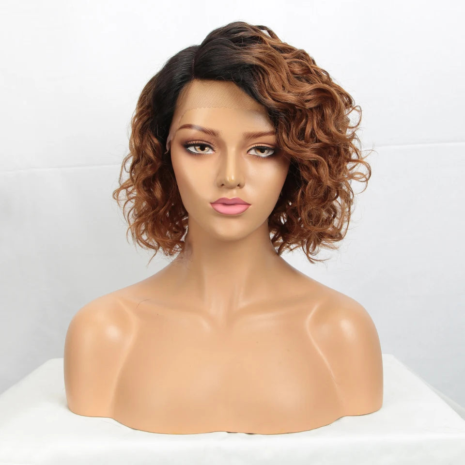 Short Curly Wave Bob Transparent Lace Front Human Hair Wigs - Various Colors Available