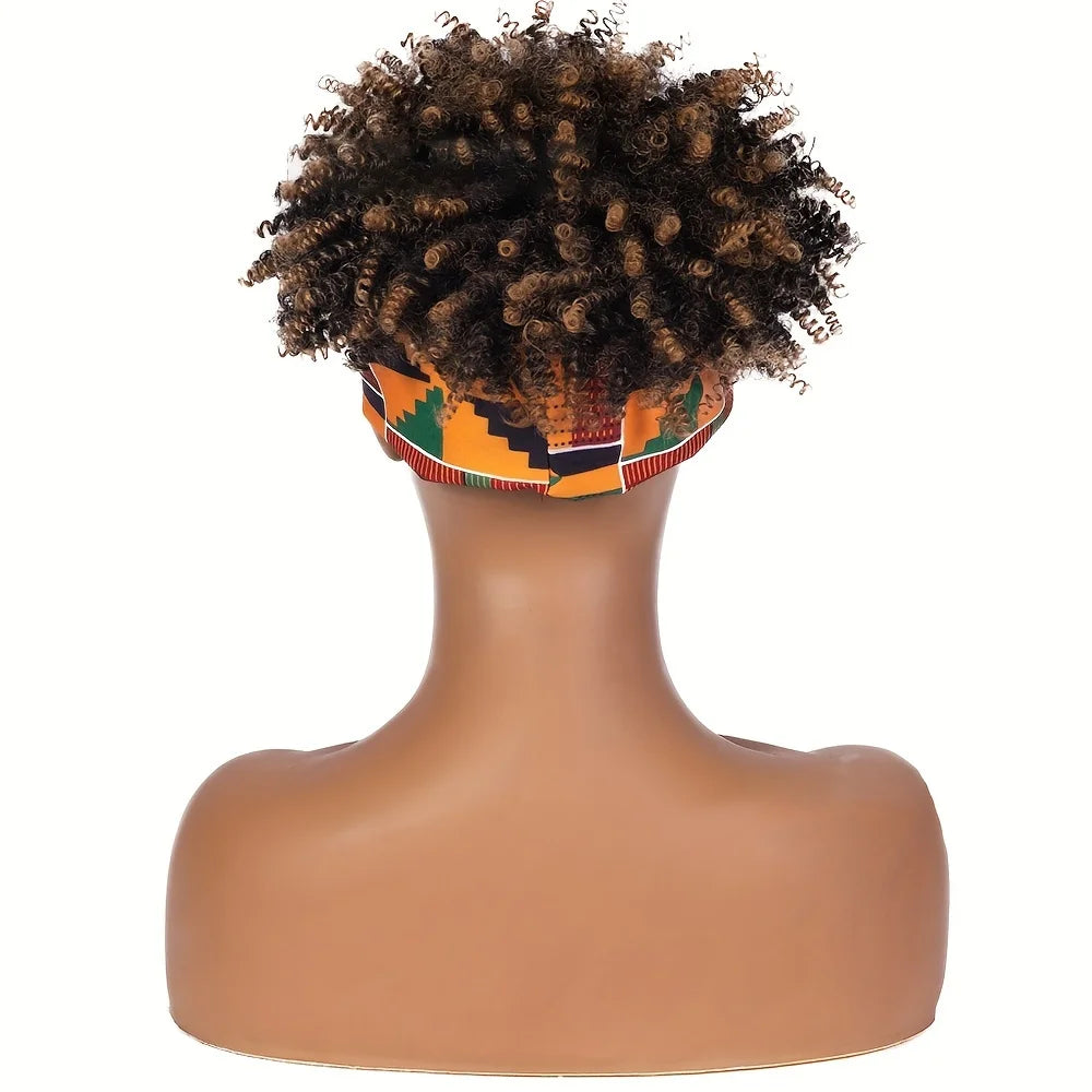 Short Kinky Curly Headband Synthetic Wigs With Bangs - Various Headband and Hair Colors Available
