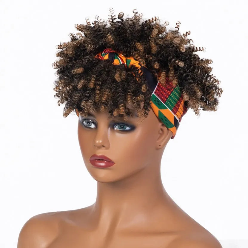 Headband Kinky Curly Synthetic Wigs with Bangs - Various Headband and Hair Colors Available