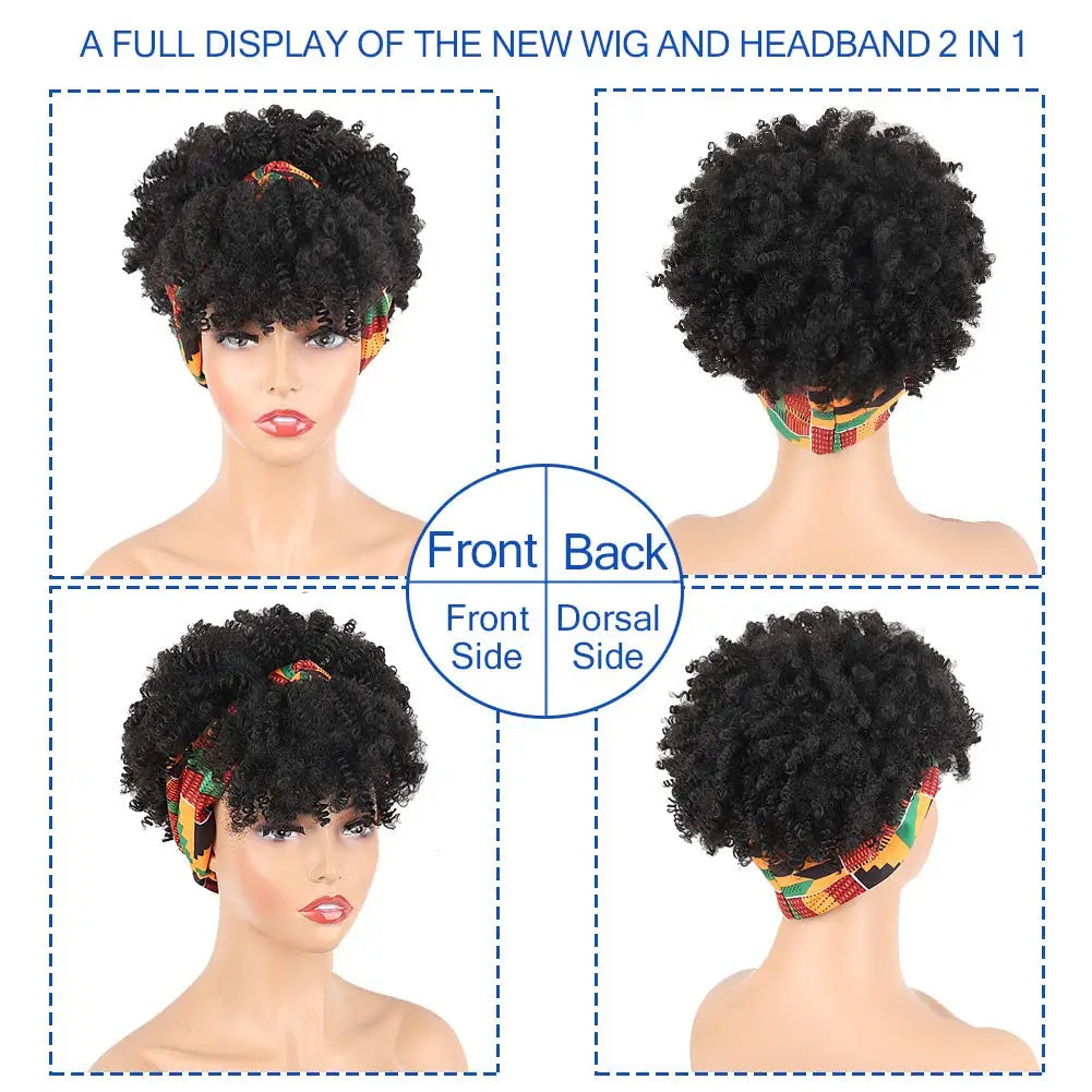 Short Afro Kinky Curly Headband Synthetic Wigs