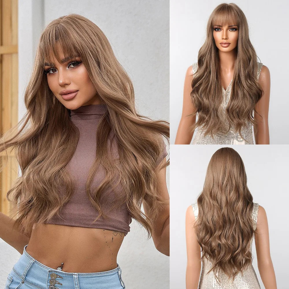 Long Curly Wavy Heat Resistant Synthetic Wigs With Bangs - Various Colors Available