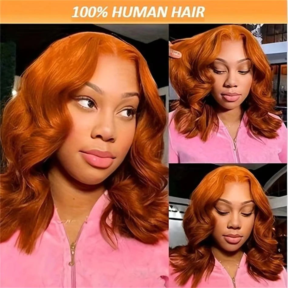 Short Bob Body Wave Ginger Orange - Human Hair, HDLace Glueless Wig