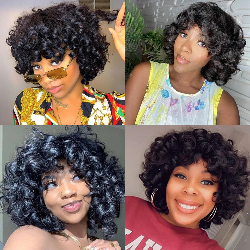 Afro Rose Curly Human Hair Wig with Bangs
