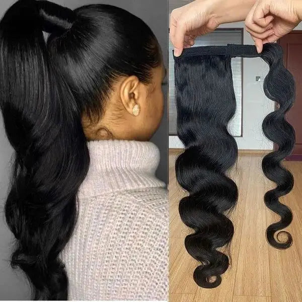 Human Hair Wrap Around Ponytail 10-32 Inches; Available in Straight, Body Wave, Water Wave & Kinky Curly (Natural Color)