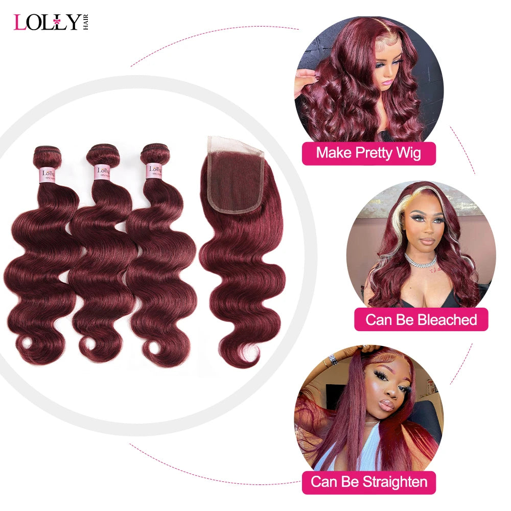 Body Wave Human Hair Bundles With Closure - Burgundy Color in Various Lengths