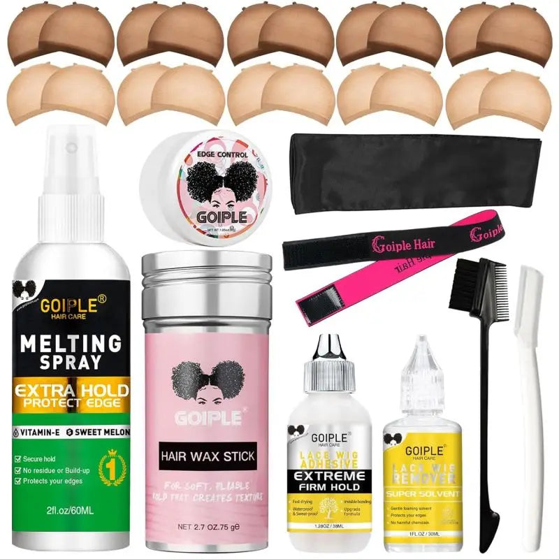Lace Front Styling Kit - Melting Spray, Invisible Wig Glue (Waterproof) & Remover, Edge Control Gel Wax Stick and Wig Caps