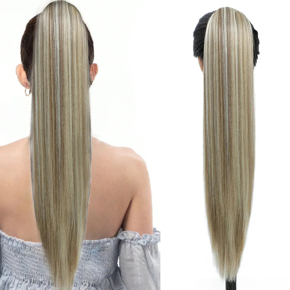 Blonde Long Silky Straight Ponytail Synthetic Hair; DrawString Clip-In Piece
