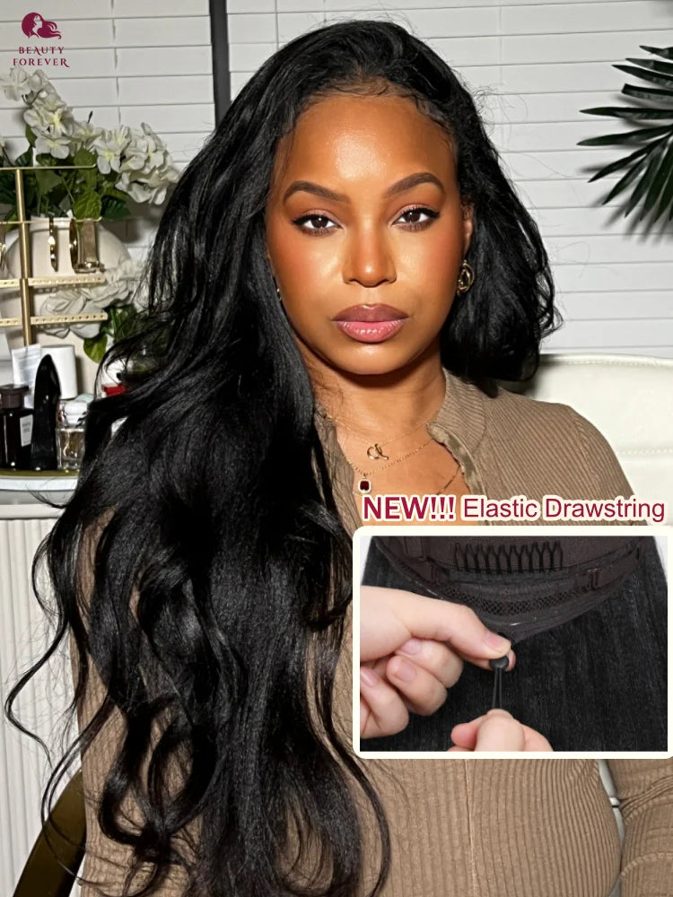Yaki Straight - Elastic Drawstring Glueless Human Hair 7x5 Bye Bye Knots Wear and Go Wig